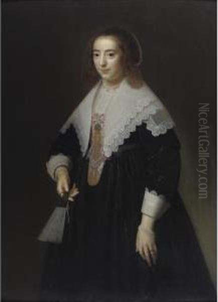 Portrait Of A Lady Holding A Fan Oil Painting by Dirck Verhaert