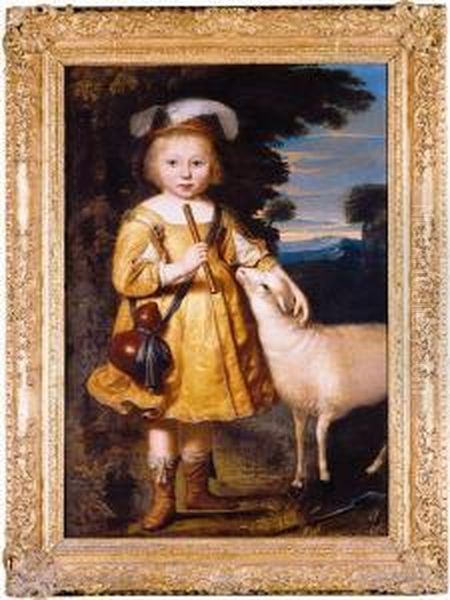 Portrait Of A Young Child Full Length Dressed As A 

 Shepherd And Holding A Pipe A Lamb Beside Him Oil Painting by Dirck Verhaert