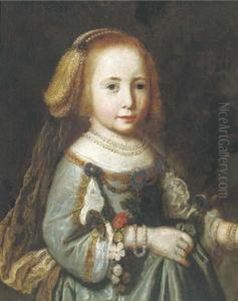 Portrait Of A Girl, Half-length,
 In A Green Silk Embroidered Dressand Pearl Necklace, Bracelets And 
Headdress Oil Painting by Dirck Verhaert