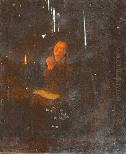 Hermit At Prayer By Candlelight Oil Painting by Bernardus Van Schendel