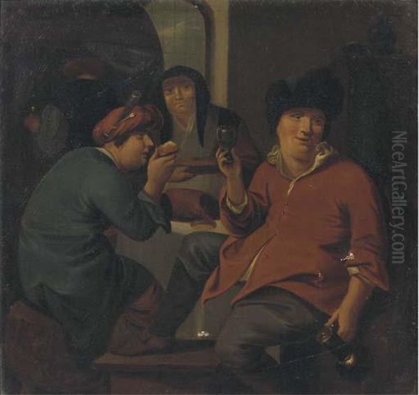 Boors Making Merry And Drinking In An Interior Oil Painting by Bernardus Van Schendel