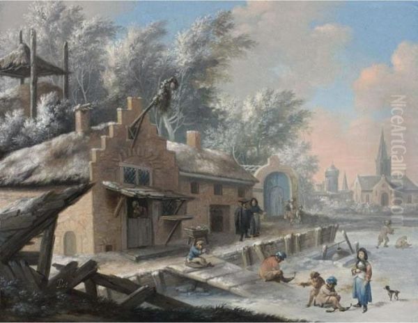 A Winter Landscape With Figures Playing On The Ice And People Skating Oil Painting by Bernardus Van Schendel