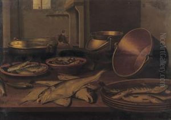 A Kitchen Interior With Fish And Utensils On A Table Oil Painting by Floris Gerritsz. van Schooten