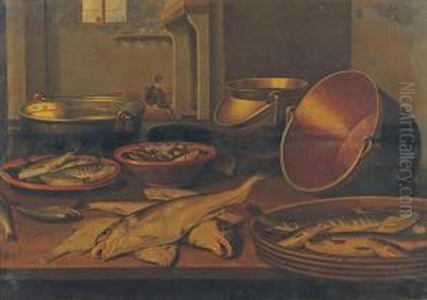 A Kitchen Interior With Fish And Utensils On A Table Oil Painting by Floris Gerritsz. van Schooten