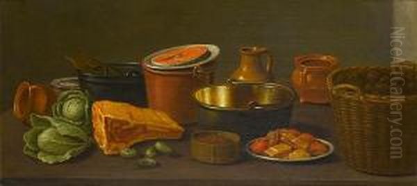 Copper Pots With Earthenware On A
 Table Top,with Meat, Salad, Cucumbers, Lentils And Nuts In A 
Wickerbasket Oil Painting by Floris Gerritsz. van Schooten