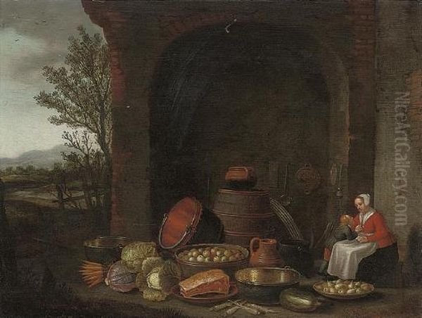 A Maid With A Child, Preparing Food In A Courtyard, A Landscape Beyond Oil Painting by Floris Gerritsz. van Schooten