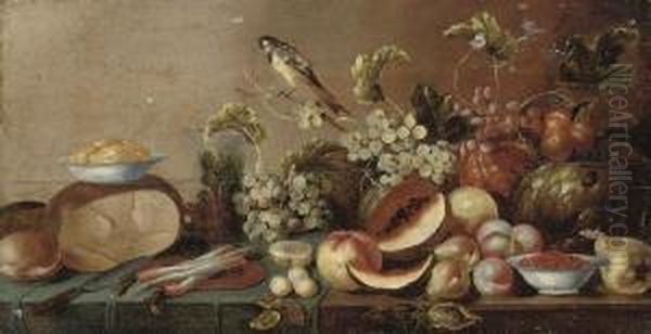 Melons, Peaches, Pears, Grapes 
On The Vine And Other Fruit, With A Bluetit, Radishes On A Platter, 
Bread, Butter And A Knife, On A Partially Draped Table Oil Painting by Floris Gerritsz. van Schooten