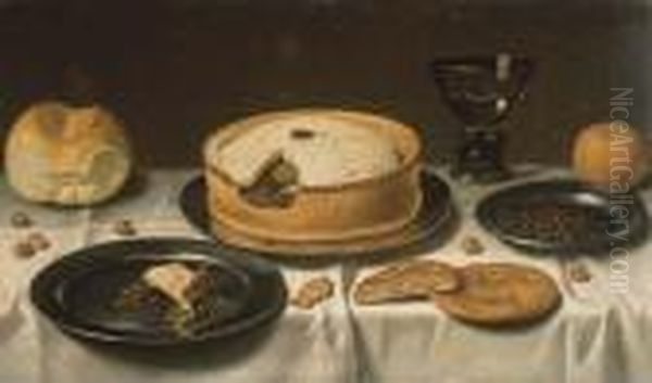 Tourte, Pain, Un Verre, Noisettes Et Orange Sur Un Entablement Drape Oil Painting by Floris Gerritsz. van Schooten