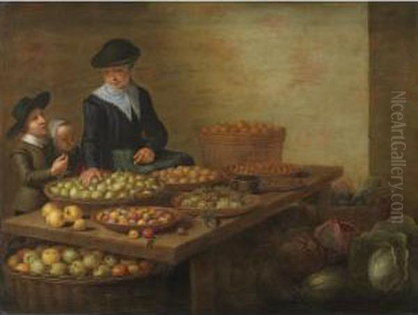 A Fruit And Vegetable Seller At 
Her Stall With Her Children, With Apples, Pears, Grapes, Blackberries, 
Cabbages, Carrots And Artichokes Oil Painting by Floris Gerritsz. van Schooten