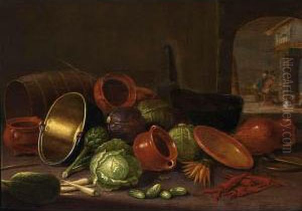 A Still Life With Earthenware 
Pots, A Barrel, Cabbages, Carrots, And Gherkins In The Foreground, 
Figures Near A Fireplace In The Background Oil Painting by Floris Gerritsz. van Schooten