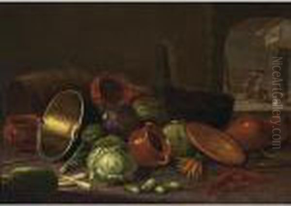 A Still Life With Earthenware 
Pots, A Barrel, Cabbages, Carrots, And Gherkins In The Foreground, 
Figures Near A Fireplace In The Background Oil Painting by Floris Gerritsz. van Schooten