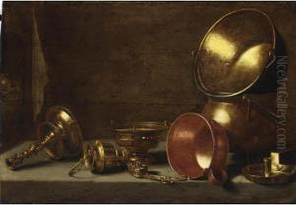 A Still Life With Copper Candlesticks, Pots And Pans On A Stone Ledge Oil Painting by Floris Gerritsz. van Schooten