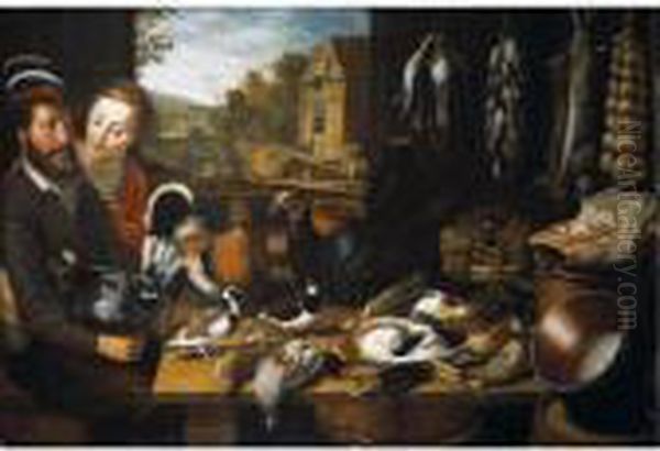 A Larder Still Life, With 
Farmyard Fowl, A Turkey, Pigeons, A Plover, Duck, A Starling, Partridge 
And Snipe, With Game And Songbirds And Rabbits Suspended From Nails, A 
Rib Of Beef, Grapes And An Artichoke, With Copper Pans, Watched By A 
Couple Se Oil Painting by Floris Gerritsz. van Schooten