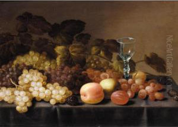 Still Life With Grapes, Logan Berries, Plums, An Apple And A Glass Together On A Table Oil Painting by Floris Gerritsz. van Schooten