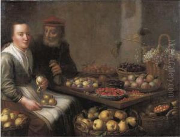 A Kitchen Interior With A 
Peasant Woman Peeling A Pear, At A Tablewith Grapes, Plums, 
Blackberries, Cherries And Other Fruits Onearthenware Plates, An Old Man
 Offering Her A Money Bag Besideher Oil Painting by Floris Gerritsz. van Schooten