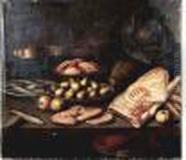 Nature Morte Aux Fruits, Poissons Et Piece De Viande Oil Painting by Floris Gerritsz. van Schooten