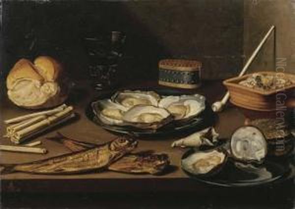 Pewter Plates With Opened 
Oysters, Two Mackerel, A Bun, Oystershells, A Bag Of Tobacco, Matches, A
 White Clay Pipe, A Berkemeierof White Wine, A Red Earthenware Brazier 
With Embers And A Pewteroval Tobacco Tin On A Wooden Table Oil Painting by Floris Gerritsz. van Schooten