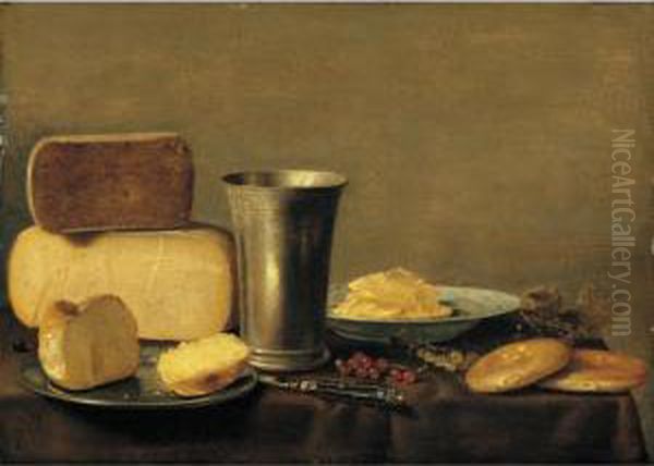 A Still Life Of Cheese, A Silver
 Beaker, Bread On A Pewter Dish, Butter In A Blue-and-white Bowl, 
Together With Red- And White-currants, A Knife And Biscuits On A Table 
Draped With A Green Cloth Oil Painting by Floris Gerritsz. van Schooten