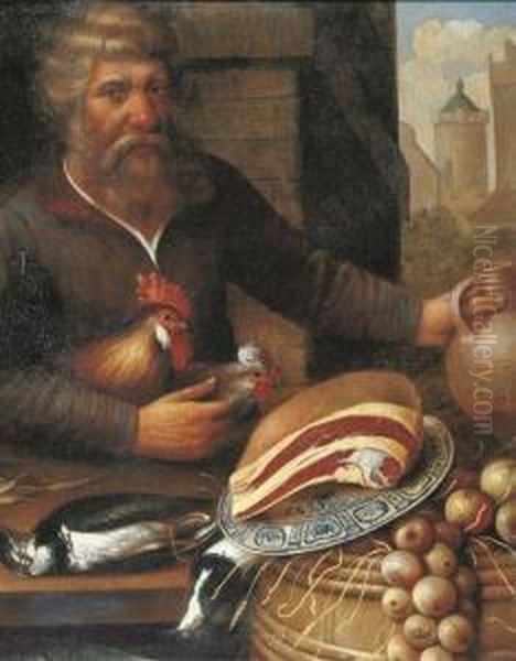 A Peasant Selling Ham, Onions And Poultry At A Market Oil Painting by Floris Gerritsz. van Schooten