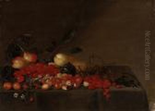 Apples, Plums, Cherries, Strawberries, Redcurrants, And Blackcurrants On A Draped Ledge Oil Painting by Floris Gerritsz. van Schooten