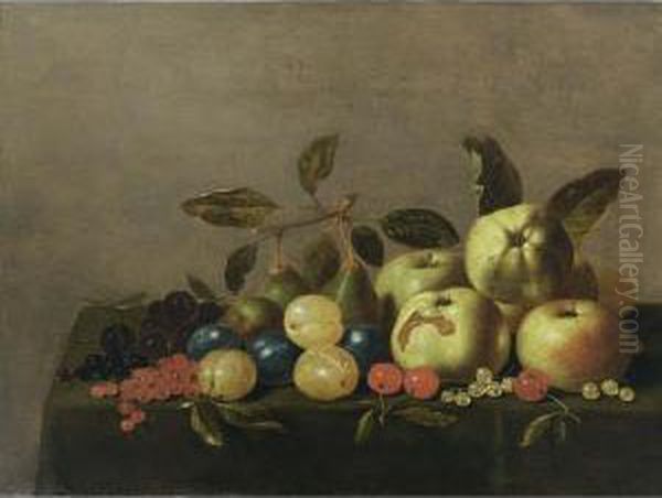 A Still Life With Quinces, 
Apples, Prunes, Pears, Red And Black Cherries, Red And White Currants 
And Bilberries, All On A Table Draped With A Green Cloth Oil Painting by Floris Gerritsz. van Schooten