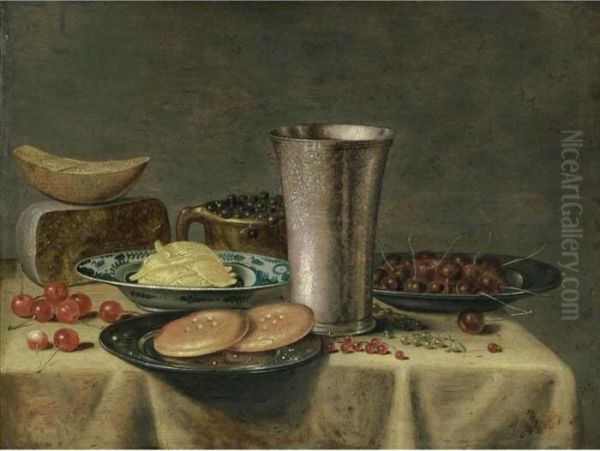 A Still Life With A Silver 
Beaker, Cherries And Bread On Pewter Plates, Cheese, Blue Berries In An 
Earthenware Pot, Butter In A Porcelain Dish, All On A Table Draped With A
 White Cloth, Together With Cherries And Red And White Currants Oil Painting by Floris Gerritsz. van Schooten