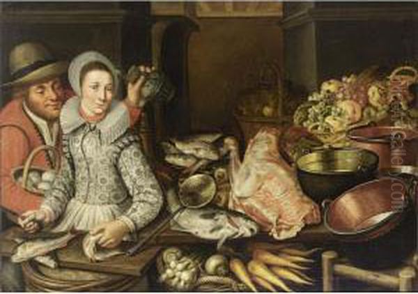 A Kitchen Still Life With Grapes
 And Apples In A Basket, With Artichokes In A Basket, Fish On A Plate, 
Copper Pots And Pans, A Piece Of Meat, Fish, Carrots, Turnips And Onions
 In A Basket, With A Woman Scaling Fish And A Man Holding A Jug And A 
Ba Oil Painting by Floris Gerritsz. van Schooten