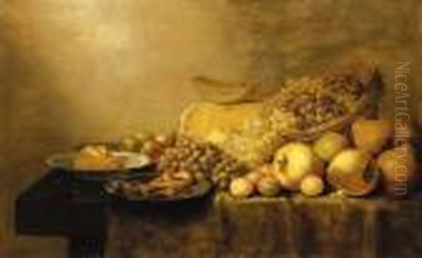 Grapes In A Basket, With Pears, Plums Oil Painting by Floris Gerritsz. van Schooten