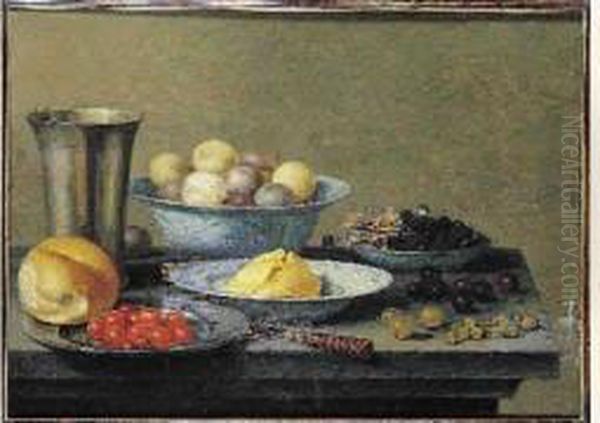 Nature Morte Aux Prunes Et Raisins Dans Des Porcelaines Wang-li Et
 Pieces D'orfevrerie Sur Un Entablement Oil Painting by Floris Gerritsz. van Schooten