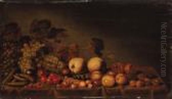 Grapes, Plums, Medlars, Cherries, Assorted Berries And Peas On Adraped Table Oil Painting by Floris Gerritsz. van Schooten