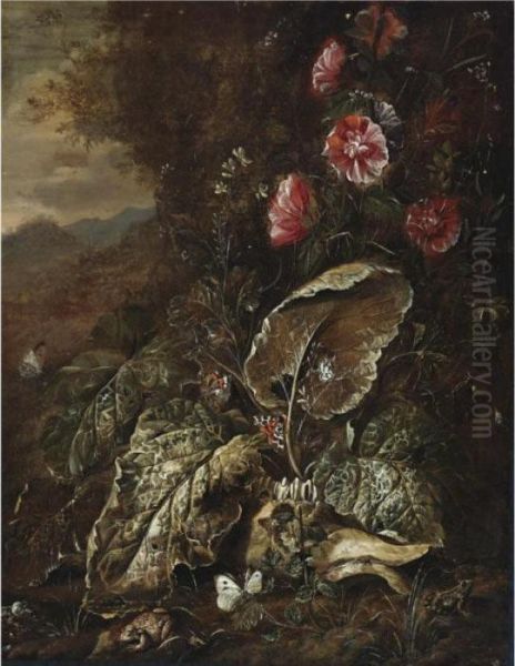 Still Life With Flowers And Plants In A Landscape With Toads And Moths Oil Painting by Otto Marseus Snuff. Van Schrieck