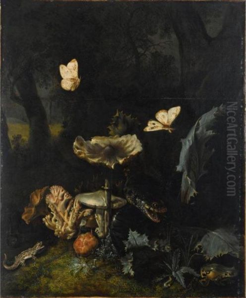 A Forest Floor Still Life With 
Various Fungi, Thistles, An Aspic Viper, A Sand Lizard, A Snail, A Tree 
Frog And Two Moths Oil Painting by Otto Marseus Snuff. Van Schrieck