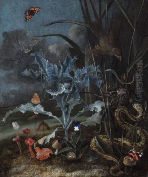 A Forest Floor, With A Milk 
Thistle, Fungi, A Wood Snail, A Queen Of Spain Fritillary, An Emperor 
Moth And An Aspis Adder Attacking A Fledgling From A Nest Of A 
Sedge-warbler Oil Painting by Otto Marseus Snuff. Van Schrieck