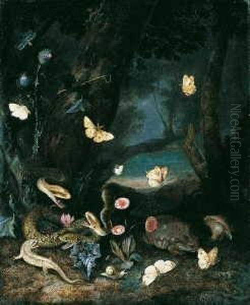 Sous-bois-stiileben. Reptilien Und Insekten Unter Einem Baum. Oil Painting by Otto Marseus Snuff. Van Schrieck