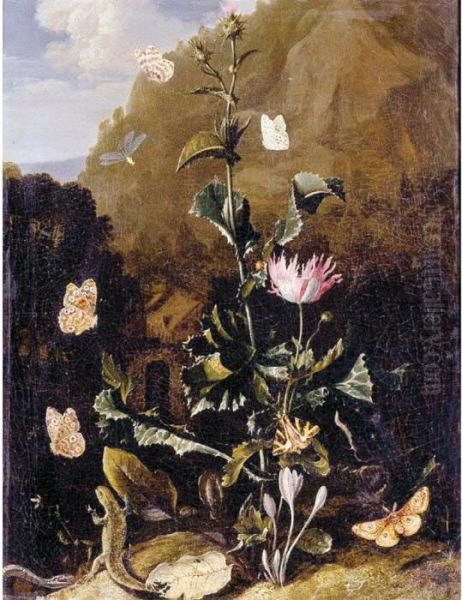 Still Life Of A Thistle And 
Other Flowers Surrounded By Moths, A Dragonfly, A Lizard, And A Snake, 
In A Landscape Oil Painting by Otto Marseus Snuff. Van Schrieck