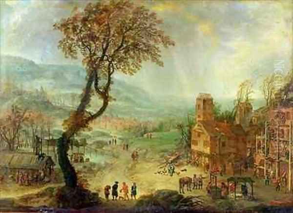 An Extensive landscape with building work in progress by an Inn Oil Painting by Adam Pancratz Ferg or Ferch