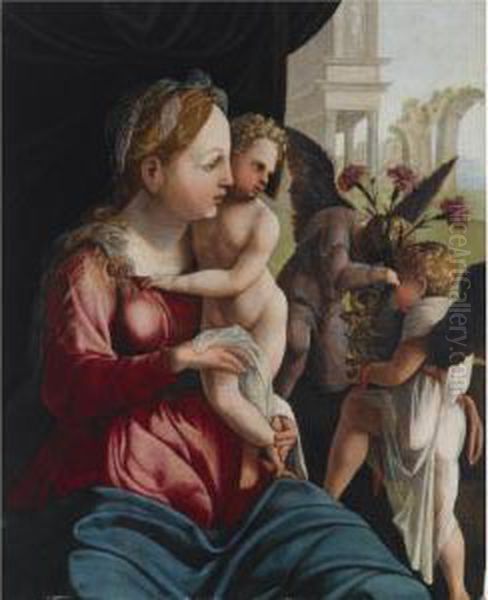 The Madonna And Child With Two Angels Oil Painting by Jan Van Scorel