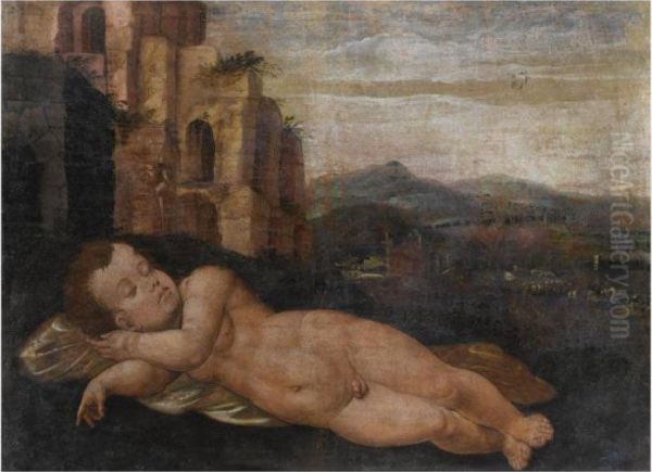 Sleeping Cupid In A Landscape With Classical Ruins Oil Painting by Jan Van Scorel