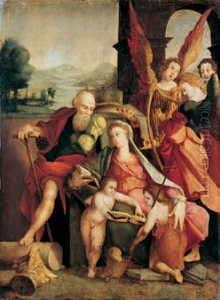 Umkreis Die Heilige Familie Mit 
Dem Johannesknaben Und Engeln Vor Landschaftshintergrund. Ol Auf Holz. H
 69,5; B 51 Cm. Farbtafel Oil Painting by Jan Van Scorel