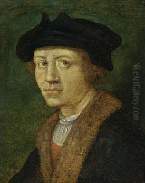 A Portrait Of A Young Man, Head 
And Shoulders, Wearing A Fur-lined Black Coat And A Black Beret Oil Painting by Jan Van Scorel