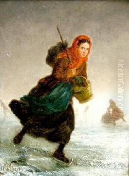 Woman Skating On A Frozen River Oil Painting by Henri van Seben