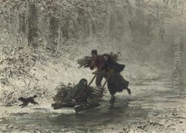 Collecting Wood In The Snow Oil Painting by Henri van Seben