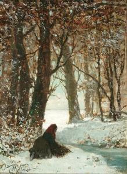 Faggot Gatherer In Forest, Winter Oil Painting by Henri van Seben