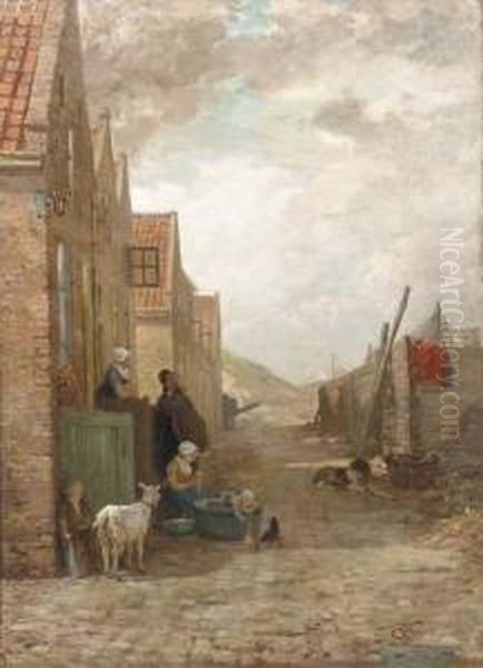 Figures And Animals In A Small Street, Arnemuiden Oil Painting by Henri van Seben