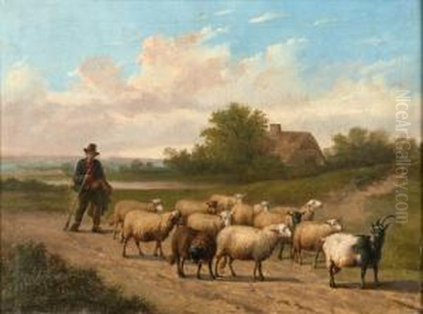 [berger Et Moutons.] Huile Sur Toile, Signee En Bas A Droite Oil Painting by Joseph Van Severdonck