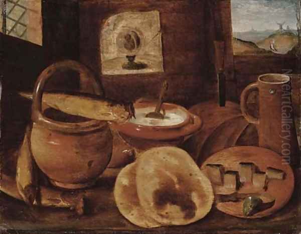 A poor man's meal a loaf of bread, porridge, buns and a herring on a wooden table Oil Painting by Hieronymus Francken