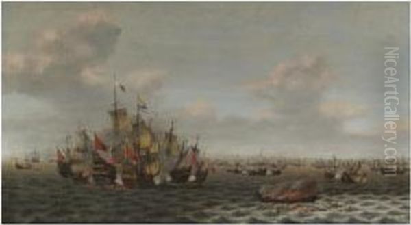 The Battle Of The Downs Oil Painting by Pieter Cornelisz. van SLINGELANDT