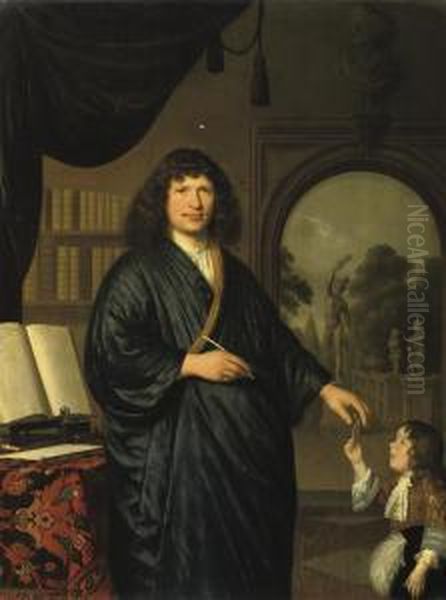 Portrait Of A Gentleman, 
Three-quarter-length, In A 'japanscherok', Standing In A Library, Giving
 A Messenger A Letter Oil Painting by Pieter Cornelisz. van SLINGELANDT