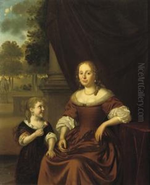 Portrait Of A Lady, 
Three-quarter-length, In A Brown Dress Andpearl Necklace, Seated By A 
Table, A Girl By Her Side Holding Aflower, A Park Landscape Beyond Oil Painting by Pieter Cornelisz. van SLINGELANDT