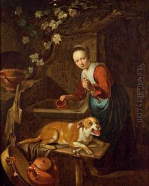 Del Xviii Secolo Giovane Donna Con Un Cane Alla Fonte Oil Painting by Pieter Cornelisz. van SLINGELANDT